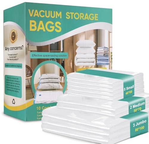Vacuum Storage Bags for Clothes Duvet 10 pcs, 3 Jumbo 80 * 100cm + 2 Medium 50 * 70cm + 5 Small 40 * 60cm Vacuum Pack Bags for Clothes, Vacuum Bags for Travel & Daily Use
