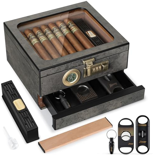 Tesonway Cigar Humidor,Cedar Wood Humidor Cigar Box,Glass Top Desktop Humidor with Digital Thermo-Hygrometer, Humidifier, Divider, Accessories Drawer and Combination Lock,Cigar Gift for Men