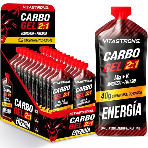 Vitastrong Carbo Gel 2:1 Energy, 24 Bustine 60ml Monodose con 40g Carboidrati, 56mg Magnesio e Potassio 300mg per Dose, Maltodestrine per Intra Workout, Energy Gel Running, Energetico Ciclismo