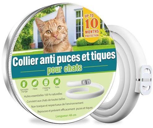 Collier Anti-puces pour Chat, Sûr Et Efficace Collier Anti Tique Chat, Fabriqué avec des Huiles Essentielles Naturelles, Adapté Aux Petits, Moyens Et Grands Chats, Efficace Pendant 10 Mois (48cm)