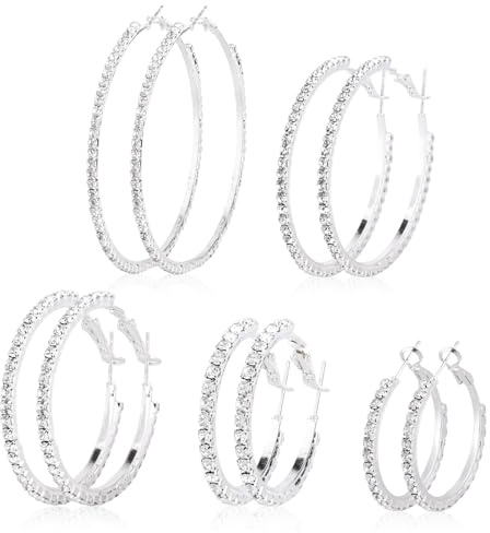 Mikovivi 5 Paia di Grandi Orecchini a Cerchio con Strass, Cerchietti Rotondi Leggeri e Scintillanti da 3-7cm per Regali di Gioielli da Donna per Feste Matrimoni e Appuntamenti
