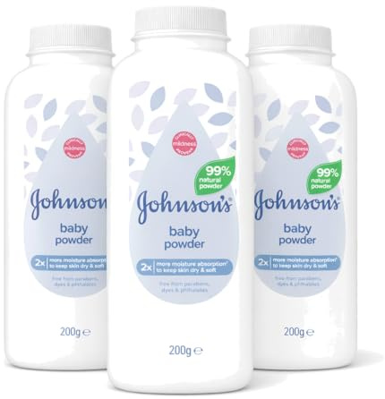 Johnson's Baby Powder, 200g (Pack of 3), 600g Total Multipack – Mild & Gentle Formula for Delicate Skin, Absorbs Moisture to Keep Skin Soft & Dry, Clinically Proven Mildness