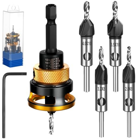 NUTKIT Juego de 6 Broca Avellanadora para Madera con Tope de Profundidad, Diámetro 2.8/3.2/3.5/4 mm,con Llave Hexagonal y Vástago de Broca de 1/4 de Pulgada,para Carpintería y Bricolaje(Oro)
