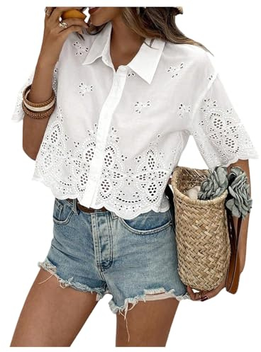 GORGLITTER Women's Boho Eyelet Embroidery Crop Blouses Dressy Casual Button Down Shirts Collared Scalloped Office Vacation Tops