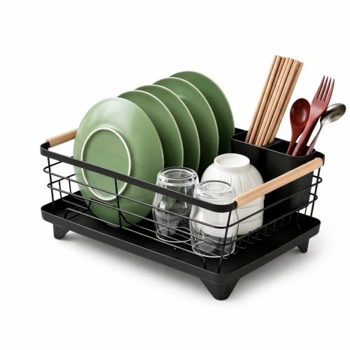 FAHAKO Black Dish Drainer,Dish Racks for Kitchen Counter | 360° Spout Rustproof Sink Storage, Space-Saving, Stainless Steel, Wooden Handle,Cup Holder & Knife Slots,Organizer