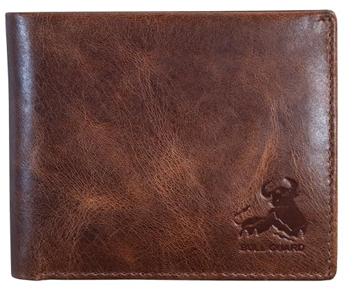 BULL GUARD Mens RFID Blocking Bifold Wallet Soft Genuine Leather Brown Western