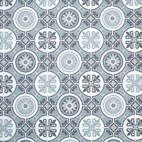 Moroccan Tile Design Cushion Vinyl Flooring Sheet White Grey & Blue Patterned Non Slip Lino Conservatory Kitchen Bathroom Floor (Tangier 09, 2m x 2m)