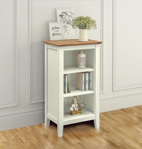 Hallowood Furniture Clifton Oak Painted Off White Small Bookcase, Solid Wooden Narrow Bookshelf with 2 Adjustable Shelves, Light Oak Top Book Shelf for Bedroom, Home Office, Living Room
