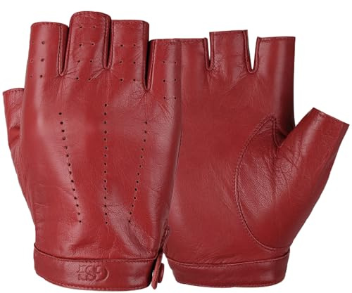 GSG SINCE 1998 Guanti Pelle Donna Senza Dita – Pelle di Pecora, Senza Fodera, Mezza Dita per Guida, Ciclismo e Attività Outdoor, Rosso XL