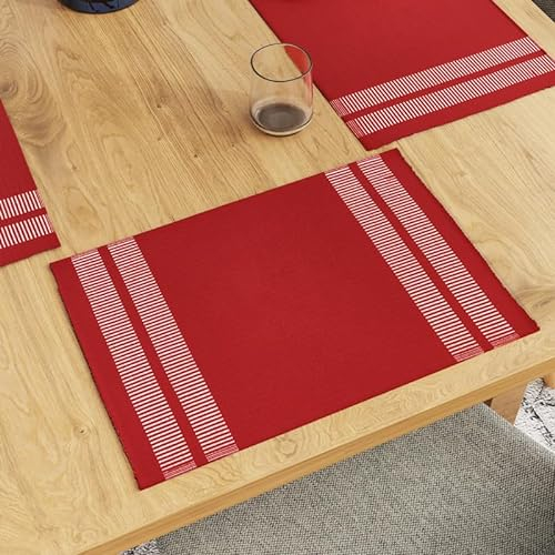Encasa XO Platzsets Esstisch Set von 6 | Leiter Rot | Fein gerippte Baumwoll-Tischunterlage | Größe 46x32 cm | Maschinenwaschbar