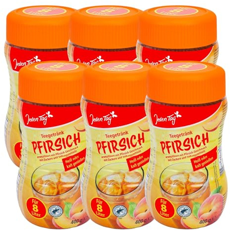 Jeden Tag Instanttee mit Pfirsichgeschmack 6x 400g | Instantzubereitung für 8 Liter mit Pfirsich Teegetränk Heiß oder Kalt genießen für den Sommer
