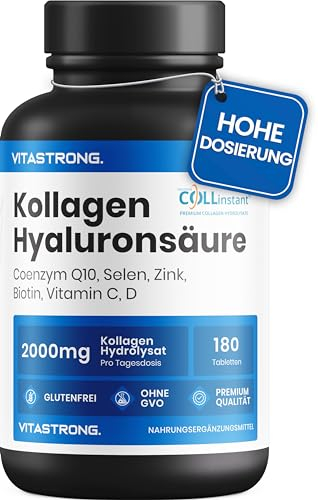 COLLAGENE et ACIDE HYALURONIQUE Vitastrong - 2000mg Collagène COLLinstant avec Biotine, Coenzyme Q10, Zinc, Sélénium, Vitamine C, Vitamine D - Formule Efficace - Qualité Premium