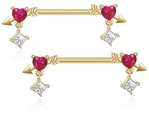 Gojewen Brustwarzenpiercing 14mm Stablänge Chirurgenstahl Herz Nippelpiercing Nipple Brustwarze Piercing Bars Gold Damen Frau