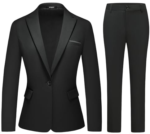 Lamgool Womens Suit 2 Piece Set Business One Button Peak Lapel Blazer Jacket with Pants for Office Ladies (Black, Medium)