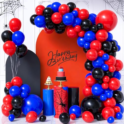 Red Blue Black Balloon Arch Garland Kit, 111Pcs Matte Red Black and Royal Blue Latex Balloon Garland Kit for Boys Kids Spider Hero Theme Party Baby Shower Graduation Party Decorations
