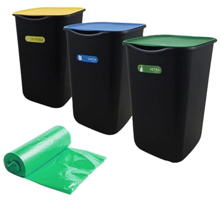 cecaro group Set 3 Pattumiere per Raccolta Differenziata, 50L, Contenitori Spazzatura per Cucina ed Esterni, Polipropilene, Coperchi Colorati per Plastica, Carta e Vetro