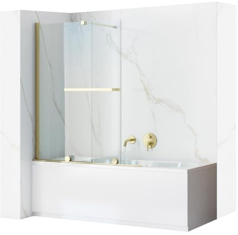 Rea Paroi de Baignoire Fabian Gold 100 Pare-Baignoire 100 x 140 cm Épaisseur de Verre 5 mm (Finition du Profil : Or Clair)