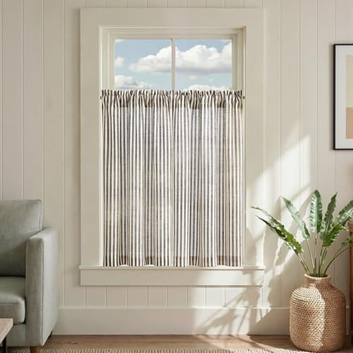 jinchan Striped Linen Kitchen Curtains 36 Inches Length Tier Curtains Farmhouse Modern Cafe Small Window Treatments Airy Light Filtering Rod Pocket for Living Room Bathroom 2 Panels Jet Black