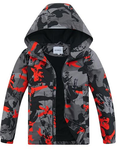 KFRRZC Boys Rain Jackets Waterproof Hooded Fleece Raincoats Lightweight Windbreakers for Kids(Black Red,8-9)