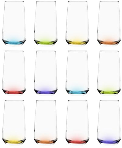 LAV 480ml Lal Highball Glasses - Coloured Base - 12x Tall Dishwasher Safe Glass Water Gin Juice Cocktail Drinking Hi Ball Tumblers Glassware Set