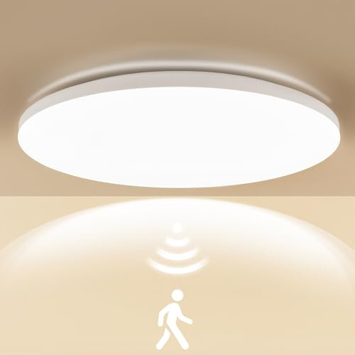 LEZOE LED Deckenleuchte mit Bewegungsmelder, 18W 2450LM 136Lm/W Radar LED Deckenlampe 4000K, IP54 Feuchtraumleuchte Sensorlampe Für Badezimmer, Garage, Treppen, Keller, Flur, Balkon, Diele Bad Ø30cm