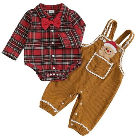 Vestiti Neonati Abiti Neonati Plaid Stampa Pagliaccetto Camicia Vestito Con Papillon Bretella Gingerbread Man Tuta Pantaloni, Rosso, 12-18 Months