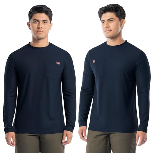 Wrangler Workwear Men's Long Sleeve UPF 40 Performance Pocket T-Shirt, 2-Pack, Navy, Large