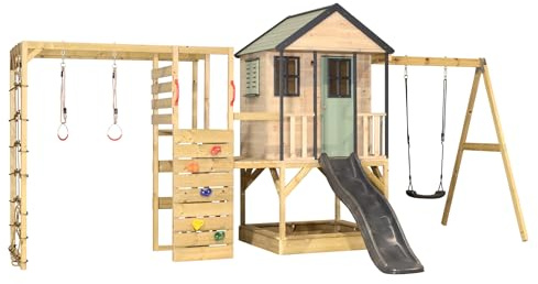 Wendi Toys caseta Infantil de jardín de Madera FSC 342×508×242 cm con tobogán 175 cm, Columpio y Zona de Escalada con Pared, Red, Barras y Doble Plataforma 90/120 cm, Verde/Gris - M50PGG-G