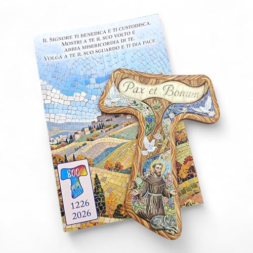 OVUNQUE PROTEGGIMI Crocifisso Croce Tau di San Francesco, 14,5 cm, Piccola Croce Tau da appendere, Crocifisso da parete con Benedizione della Famiglia