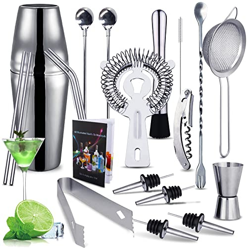 Purpledi Cocktail Shaker Set di 20 Pezzi, Shaker Cocktail Set in Acciao Inox, Kit Barista Professionale, Shaker da 750 ml, Amanti dei Cocktail, Set da Barista per Feste da Bar a Casa (A)
