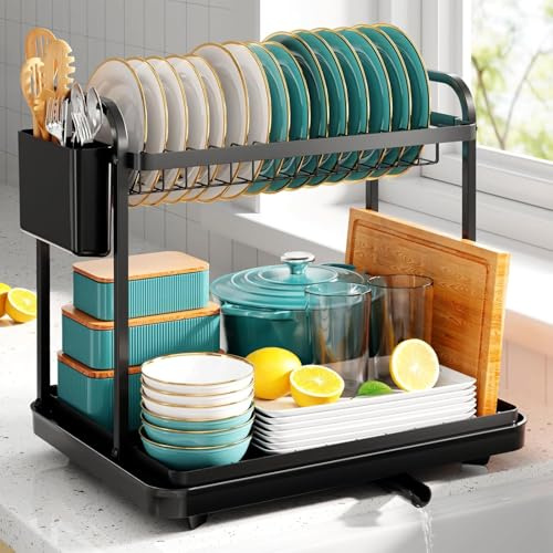 Ecofocet Scolapiatti da Appoggio, Scolapiatti da Lavello 2 Livelli, Scolapiatti Acciaio Inox, Scola Piatti Lavandino, Scolapiatti Multifunzionale, Scolapiatti per Piatti Grandi, Nero
