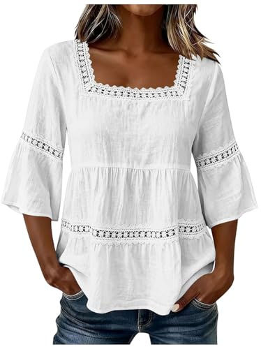 Tops Blusas Camisas Mujer Lino Algodón Color Sólido Manga Corta Cuello V Cuello Cuadrado Encaje Boho Casual Elegante Verano Primavera Holgado Transpirable Playa Vacaciones (White, L)