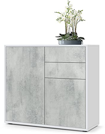 Vladon Sideboard Ben, Made in Germany, Kommode mit 2 Türen und 2 Schubladen, Weiß matt/Beton Oxid-Optik (79 x 74 x 36 cm)