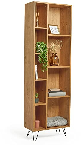 VonHaus Bookcase Oak Wood Effect -Tall Bookshelf for Living Room - Large Industrial Shelving Display Unit w/ 9 Shelves, Black Hairpin Legs & Handles - Modern Scandi Storage for Home Office - Capri