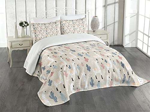 ABAKUHAUS Lama Tagesdecke Set, Childish Cactus Tier, Set mit Kissenbezügen Moderne Designs, für Doppelbetten 264 x 220 cm, Heller Pfirsich