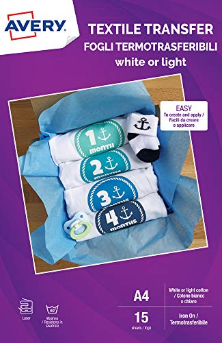 Avery UK MD1004.UK Textil-Transferpapier für helle Baumwolle, Laserdrucker, 1 bedruckbares Stofftransferpapier pro A4-Blatt, 15 Blatt pro Packung, Weiß
