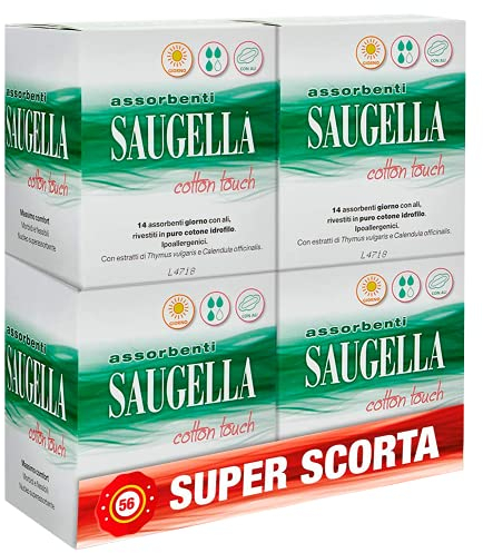 Saugella Assorbenti Cotton Touch Giorno, 56 Assorbenti Cotone Giorno con Ali, Azione Antibatterica, Antiodore e Lenitiva