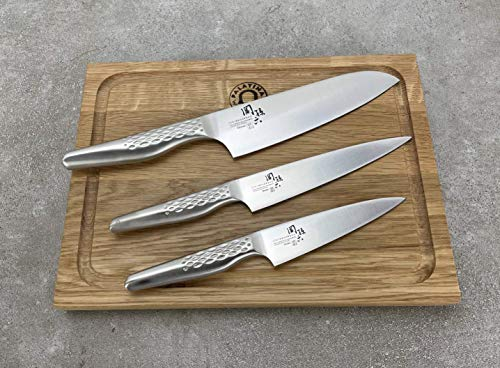 Kai Seki Magoroku Shoso Profi-Set | Ganzstahlmesser | Santokumesser + 2 x Allzweckmesser + Eichenbrett 30x22 cm VK: 199,- €
