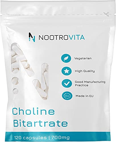 Cholin Hochdosiert - 700mg pro Kapsel - 120 Cholin Kapseln | 4 Monate! | Für Leberfunktion, Gedächtnis, Gehirn und Konzentration | Vegan, Gluten Frei | Nootrovita
