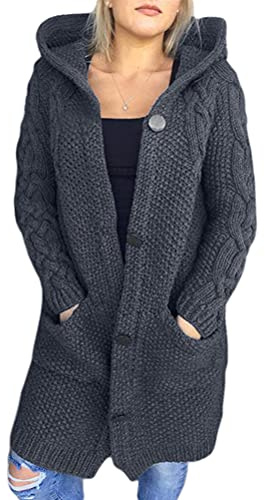 Tomwell Gilet Long Femme en Tricot Cardigan Manches Longues Couleur Unie Casual Grosse Maille Pull Outwear Mode Ouvert Chandail Sweater A Gris Foncé M