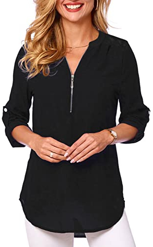 Tuopuda Chemisier pour Femme avec Col en V Chemises Chic Elégant T-Shirt à Manches Longues Blouses Blanche 3/4 Tunique Manches enroulables Hauts Décontractés