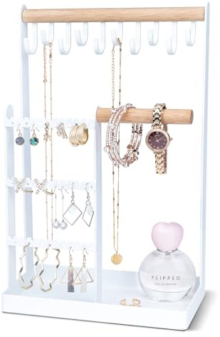 V-LAFUYLIFE Jewelry Tree, 5-layer Necklace Rack, Jewelry Rack Storage Rack with Earring Tray and 10 Hooks for Earrings Watches Bracelets Rings (White)