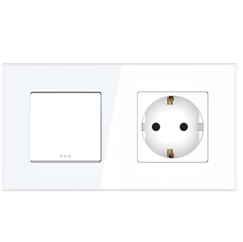 PULSAR Steckdose mit Kreuzschalter 2-Fach Glas - Lichtschalter Unterputz mit Schutzkontakt-Wandsteckdose 16A 250V Weiß