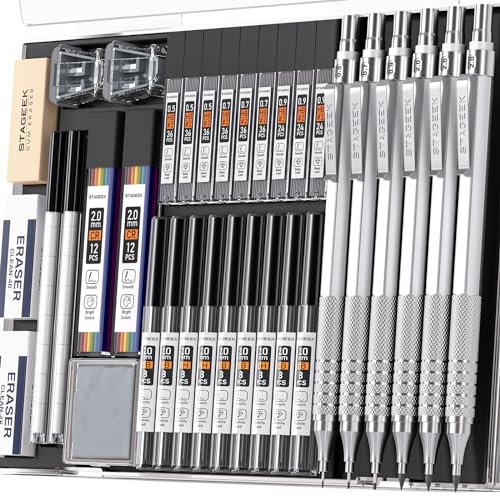 STAGEEK 6Stück Druckbleistifte Set, 0,5 0,7 0,9 2,0mm metall mechanischer bleistift mit 384 Minen(6B, 4B, 2B, HB, 2H, 4H, Farbe),schreibwaren,für Künstler, Skizzieren, Zeichnen,silber