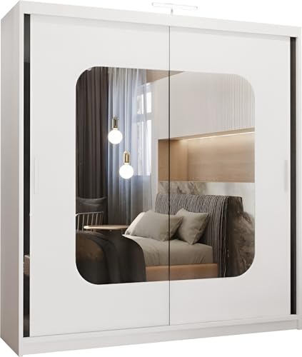 FURNITUREWAVE Alfa Sliding Door Wardrobe with Shelves & Hanging Rails White, Black, Grey & Oak Modern Furniture for Bedroom (120cm/150cm/180cm/203cm) (White, 150cm)