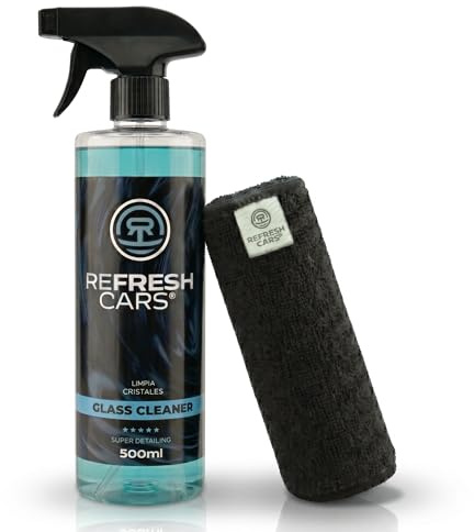 Refresh Cars Kit Limpiacristales Coche Triple Acción (500ml) - Limpia Lunas Sin Rastros ni Vaho. Efecto Auto-Secado y Anti-Huellas. Para Interior y Exterior. INCLUYE BAYETA Microfibra