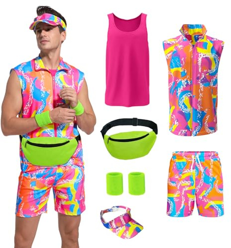 OPAEHJF 80s Men Workout Costume Halloween Cosplay Couples Outfits | 80s 90s Workout Costume Outfit Set 6Pcs,Comfortable fabric, Neon Retro Party Clothes Halloween,Couples