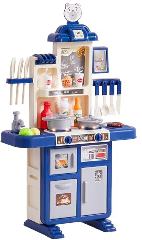 VEVOR Set da Cucina per Bambini da 3 a 5 Anni, Set da Cucina da Gioco con Fornello con Vapore, Suoni e Luci, con Accessori da Cucina da 48 Pezzi per Bambini Piccoli, Bambini in Età Prescolare, Blu