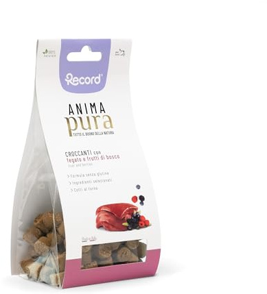 Record - Snack sin Gluten de Alma Pura para Perros 100% Naturales. Galletas Naturales cocidas al Horno con Sabor a hígado y Bayas, Fabricadas en Italia |75 g