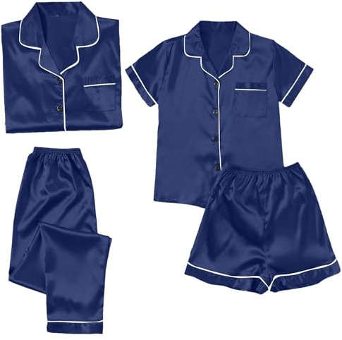 Generisch Pijama largo de seda para mujer, juego de 4 piezas, ropa de dormir elegante, pijama de seda con botones, ropa de dormir monocolor, cómoda camiseta informal